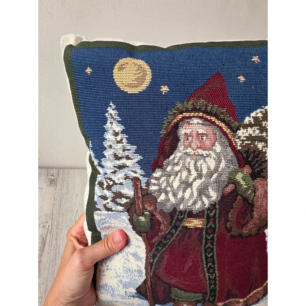 Vintage embroidered father Santa Claus pillow Xmas decor winter scene